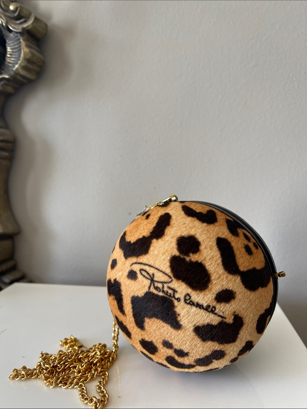 Roberto Cavalli Leopard Print Round soccer ball Mini Bag with Gold Chain
